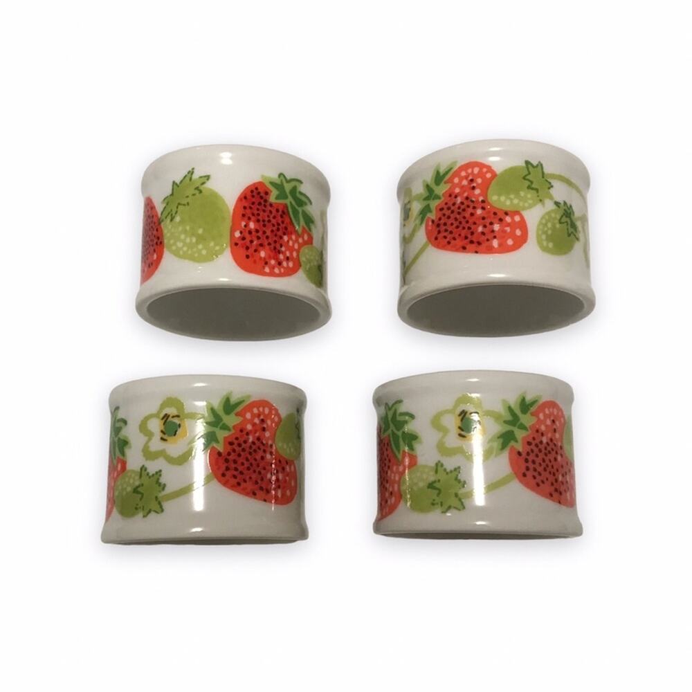 Vintage 70s Ceramic Strawberry Floral Napkin Ring Holders (4)